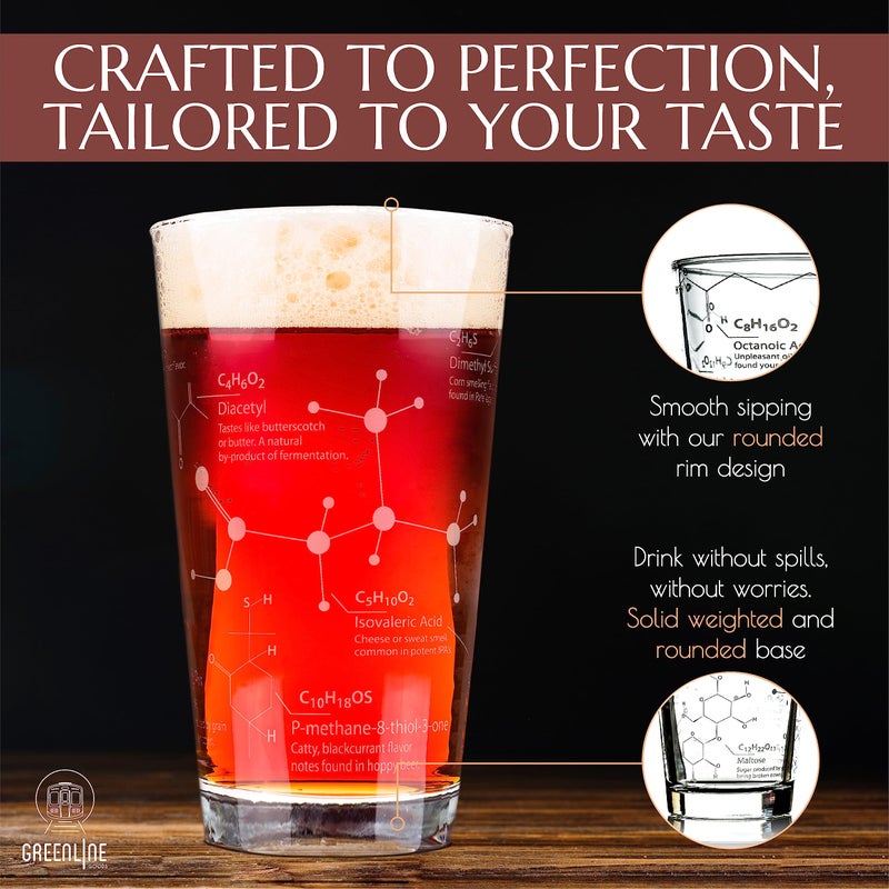 Greenline Goods Beer Glasses - 16 oz Pint Glass (Set of 2) â€“ Science of Beer Glassware - Etched with Beer & Hops Chemistry Molecules - Image 4